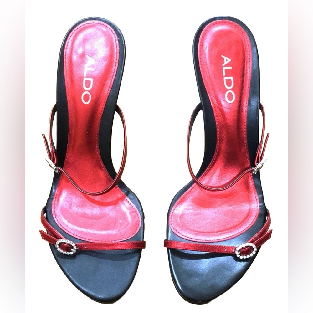 Vintage 90s Y2K Aldo Sexy Red Strappy Heels with rhinestone buckles